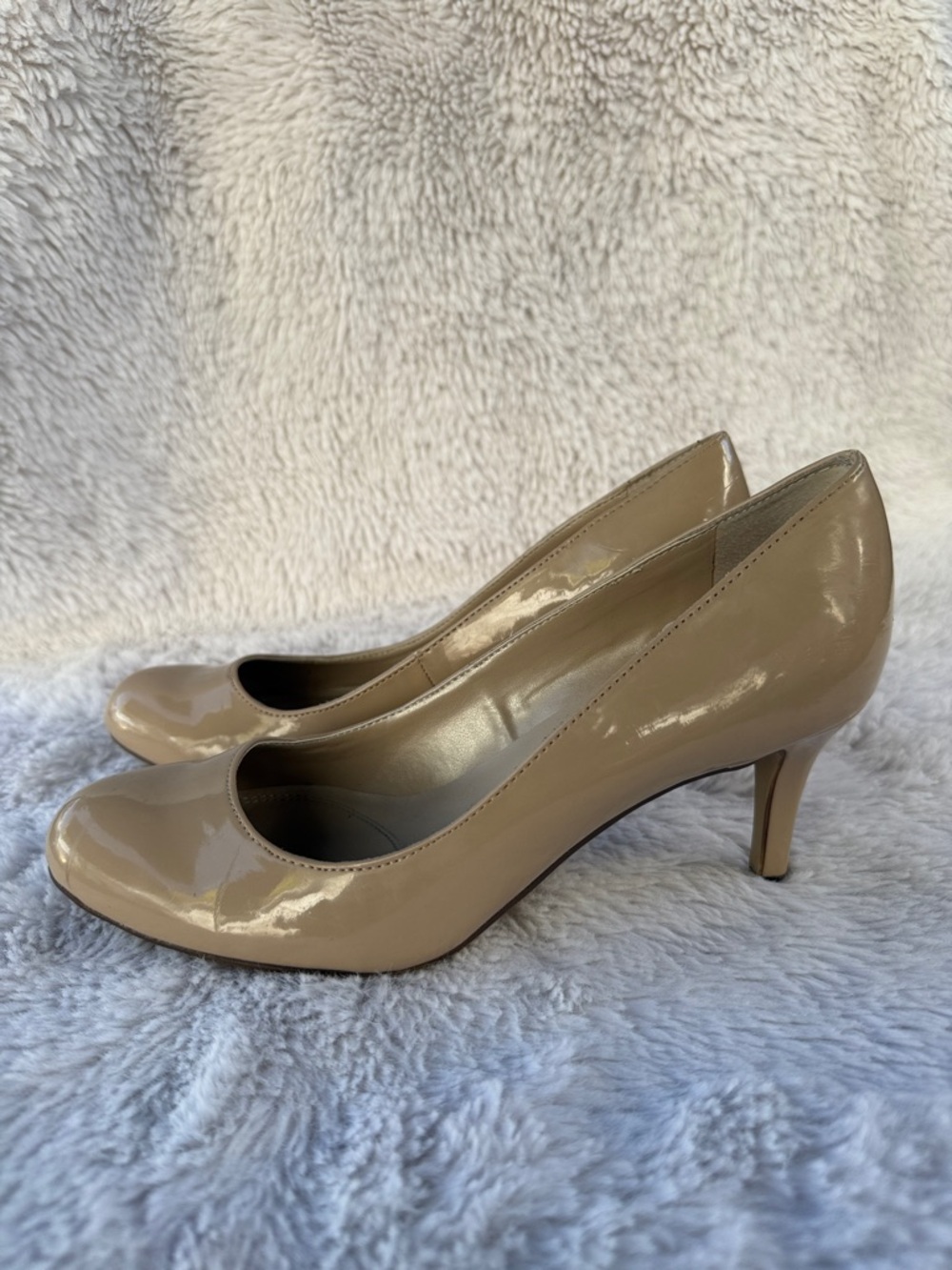 Unisa Patent Leather Mid Heel Pumps in Nude Beige